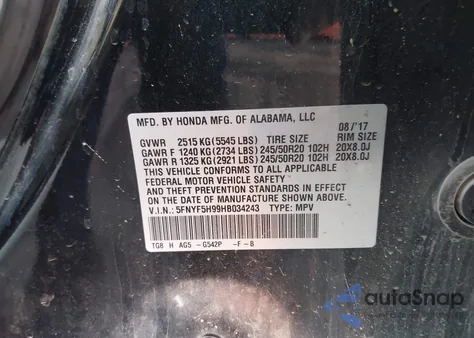 2017 Honda Pilot Touring z USA, uszkodzony, nr VIN 5FNYF5H99HB034243